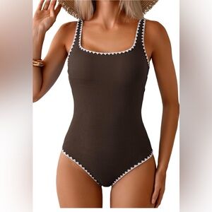 Brown One-Piece Swimsuit with White Trim 14-16 NWT